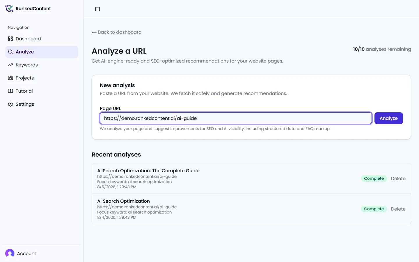 The Analyze page in RankedContent with a page URL pasted into the form, ready to run